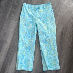 Harold’s Pants Women Size 8 Green Paisley Flat Front Mid-Rise Cropped Pants